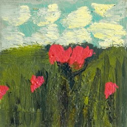 In this lovely oil painting by Jennifer Hornyak, bright red flowers—perhaps poppies stand in a field of green.