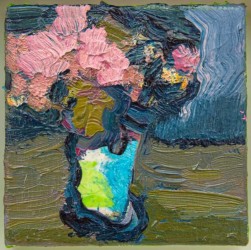 A bouquet of rosy-pink blossoms sits in a vase in this pretty oil painting by Jennifer Hornyak.