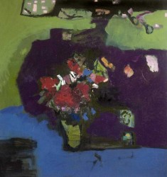 Wonderful abstracted take on a still life composition in hues of blue, purple, pink and green.