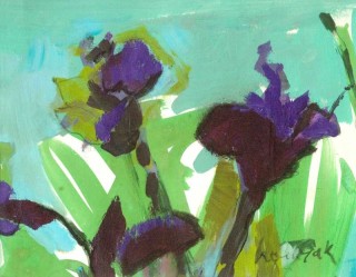 Outdoor violets are framed by turquoise and lime green in this unique and lyrical mixed media painting on paper by Jennifer Hornyak.