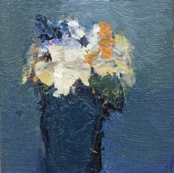 A sea blue vase contains a bouquet of yellow and white flowers in this charming oil by Jennifer Hornyak.