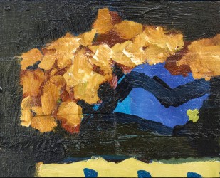 Bronze leaves on a blue stem are balanced by a wave of lemon yellow in this charming oil and collage composition by Jennifer Hornyak.