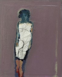 A figure in white with red shoes is rendered in expressive brushstrokes and calligraphic lines in this intimate oil by Jennifer Hornyak.