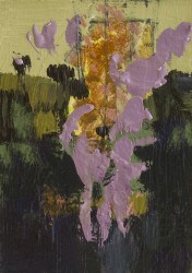 Small gem of a still life, gesturally applied cool lilac layered over warm tones olive and pine green.