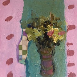 A vase of yellow flowers framed with green is bracketed by passages of painterly pink dotted with cerise in this expressive oil by Jennifer …