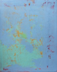 Newly released abstract painting in shades of blue, turquoise, magenta and ochre by this Canadian master of abstraction.