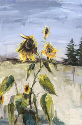 A fading sunflower stands tall in the foreground of this fall landscape by Julie Himel.