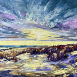 A magnificent big sky caught at sunset is rendered in grand strokes of yellow, blue, mauve and white in this new mixed media piece by Julie …