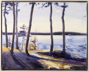 Canadian artist Julie Himel artfully plays with light in this new landscape of a small grove of trees on a shoreline.