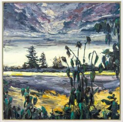 This dramatic composition of a shoreline, forest and sky is by Toronto artist Julie Himel.