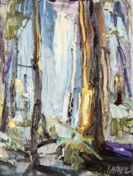 Canadian artist Julie Himel has chosen a nostalgic pastel palette of blues, yellows and greens for this abstracted landscape of a forest.