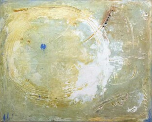And island of burnished ochre and white floats on a pale green ground in this contemplative abstraction by Jutta Naim.