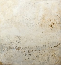 Incised curved lines and dents delineated by pooled pigments of reflective gold and Payne's gray emerge from a plaster palimpsest surface on…