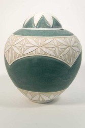 Intricate patterns reminiscent of ancient ceramics adorn Loren Kaplan’s newest porcelain jars.
