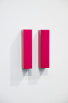In shiny hot pink, two vertical rectangles sit side by side ‘in sync’ in this elegant wall sculpture by California artist, Lori Cozen-Geller… Image 5