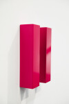 In shiny hot pink, two vertical rectangles sit side by side ‘in sync’ in this elegant wall sculpture by California artist, Lori Cozen-Geller… Image 6