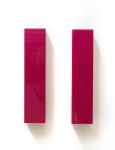 In shiny hot pink, two vertical rectangles sit side by side ‘in sync’ in this elegant wall sculpture by California artist, Lori Cozen-Geller… Image 7