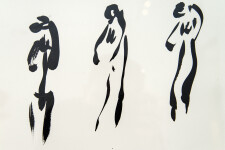 In this striking black ink on white drawing by Canadian artist Lynne Fernie, three standing figures appear to move across the canvas. Image 5