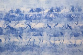 A pattern of calligraphic brushstrokes that resemble musical notes emerges from a cloud of light blue in this work on paper by Canadian arti…