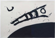 A figure rendered in rapid calligraphic brushstrokes flies above and parallel to a wide, curved strip of black on a white ground in this pai… Image 4