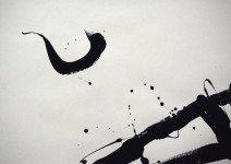 A figure rendered in rapid calligraphic brushstrokes flies above and parallel to a wide, curved strip of black on a white ground in this pai… Image 2