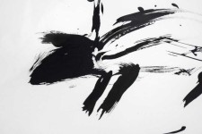 Three black brushstrokes representing ground and rapid dashes of black, drizzled and brushed form the profile of a dog, his leash flying upw… Image 4