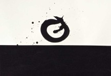 Above a wide strip of black on a white ground floats a rough circle rendered in a single calligraphic brushstroke. Image 2