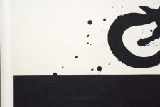 Above a wide strip of black on a white ground floats a rough circle rendered in a single calligraphic brushstroke. Image 4