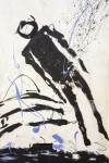 Rising above a strip of inky black, a black rag doll figure rendered in calligraphic markings meets three curved brushstrokes resembling wav… Image 2