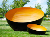 Based the Tibetan singing bowls, this stainless steel outdoor sculpture bowl by Marlene Hilton Moore is powder coated gold on the inside and… Image 3