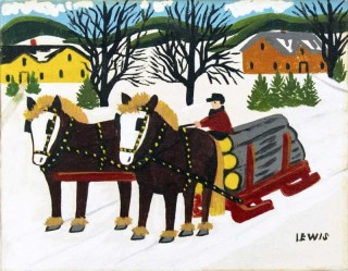 Two brown horses pull a loaded sled in this delightful oil painting by folk artist Maud Lewis.