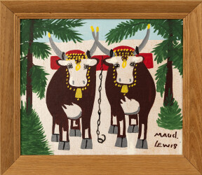 Nova Scotia’s beloved folk artist, Maud Lewis often depicted oxen in her charming oil paintings.