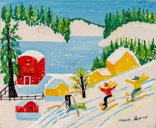 This charming oil painting by Maud Lewis, Nova Scotia's famous folk artist is set in a wintery landscape.
