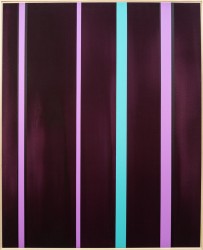 In this bold new abstract painting by Milly Ristvedt vertical lines of colour in various widths pop against a soft, fluid burgundy canvas.