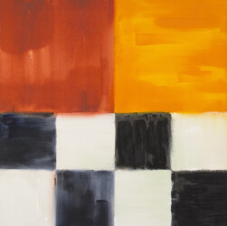A grid of painterly black and white is balanced with large squares of fiery orange and gold each in this bold canvas by Milly Ristvedt.