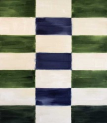 Two columns of horizontal rectangles in alternating colours of forest green and warm white frame a third, central column of warm white and s…