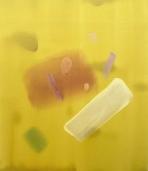 Passages of butter yellow, rose and light green float on a washed spring yellow ground in this elegant abstract painting by Milly Ristvedt.