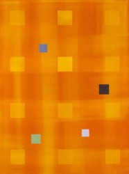 A loosely woven grid of brilliant orange and light orange acrylic soaks and spreads quietly across the ground of this four foot tall, vertic…