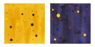 This work consists of two intimately sized, square canvases with acrylic soaked grounds -- one in sun yellow and the other in indigo.