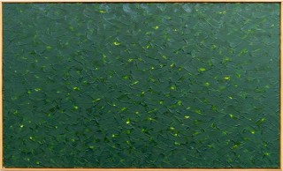 A velvety dark green reminiscent of a forest’s canopy dominates the canvas in this abstract piece by Noreen Taylor.