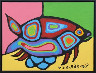 A sharp toothed fish in profile floating above light blue eggs fills the picture plane of this intimate acrylic painting on canvas.