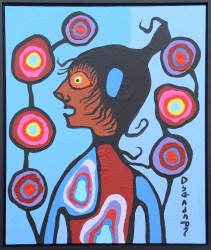 This half length, profile portrait of a wide eyed shaman is depicted in black acrylic outline and solid vivid colours.