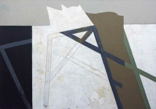 Angled structures of moss green, grey and textured white intersect in a sophisticated geometry in this powerful painting by Otto Rogers.