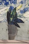 Cubist, sliced views of three sides of a potted plant in collaged paper with sapphire blue and green leaves line up on a background of shift… Image 2
