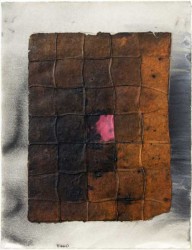A grid of fine string over a rectangle of burnt umber, like an ancient map, floats on a ground of charcoal in this collage on handmade paper…