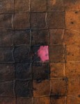 A grid of fine string over a rectangle of burnt umber, like an ancient map, floats on a ground of charcoal in this collage on handmade paper… Image 5