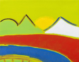 Bold, bright colours and clean lines capture the essence of a setting sun as it slips behind a mountain range.
