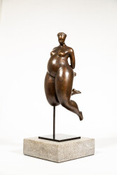 A voluptuous female figure is rendered in this compelling modern tabletop bronze sculpture by Paul Duval.