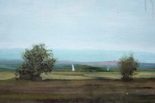 A wide summer plain, dotted with distant trees and atmospheric mountains meets a hazy sky in this acrylic and resin painting on board. Image 5