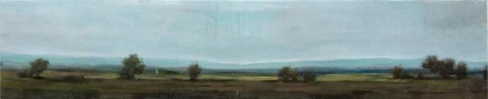 A wide summer plain, dotted with distant trees and atmospheric mountains meets a hazy sky in this acrylic and resin painting on board.